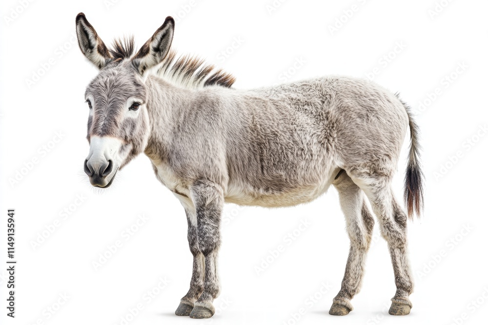 Gray donkey standing in profile view on a white background, showcasing its distinctive features and rich fur texture, perfect for illustrations of farm animals, wildlife, and nature. Gray donkey standing in profile view on a white background, showcasing its distinctive features and rich fur texture, perfect for illustrations of farm animals, wildlife, and nature.