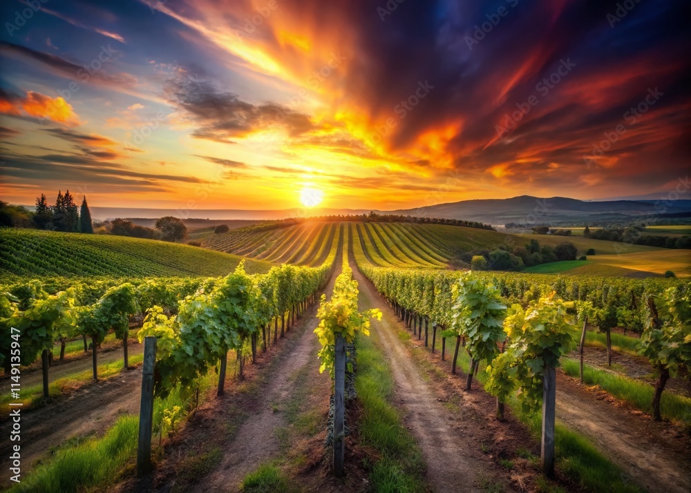 Long Exposure Photography: Serene Rows of Vineyard Vines at Sunset Long Exposure Photography: Serene Rows of Vineyard Vines at Sunset