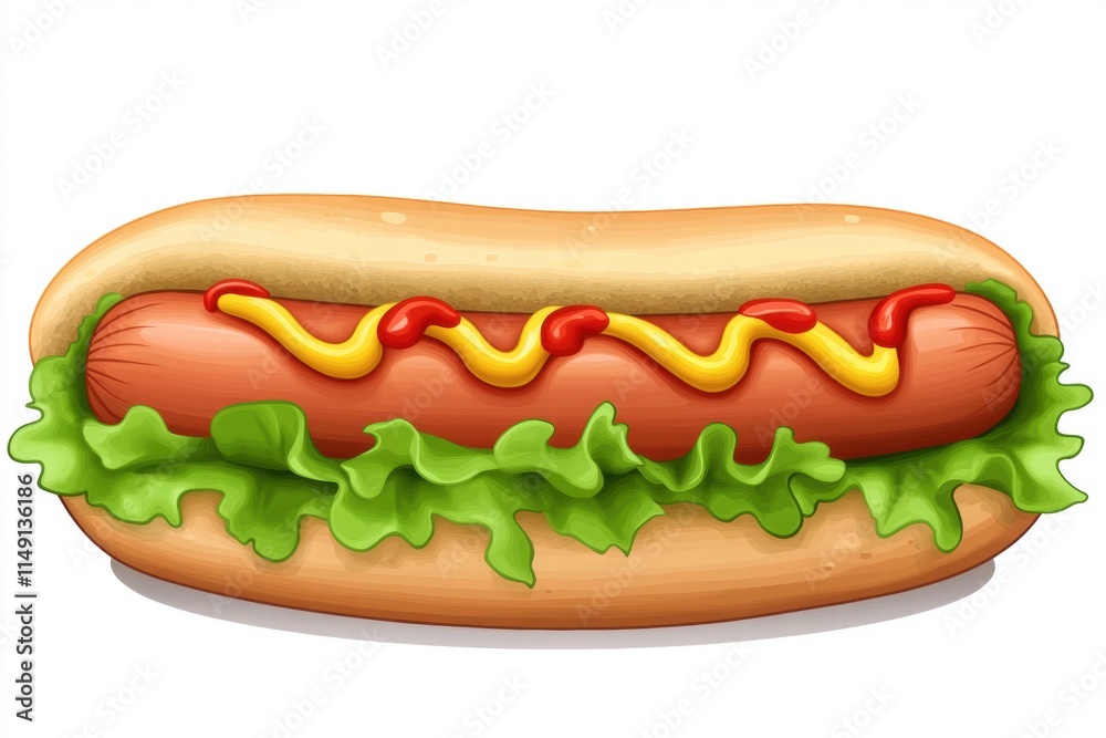 Colorful and Appetizing Cartoon Hot Dog with Mustard, Ketchup and Fresh Lettuce Ideal for Food Illustrations and Marketing Materials Colorful and Appetizing Cartoon Hot Dog with Mustard, Ketchup and Fresh Lettuce Ideal for Food Illustrations and Marketing Materials