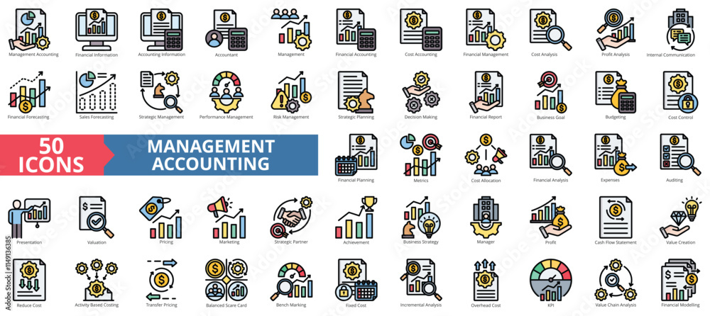 Naklejka premium Management accounting icon collection set. Containing economy, business, financial, management, analysis, performance, strategy icon. Simple flat outline vector illustration