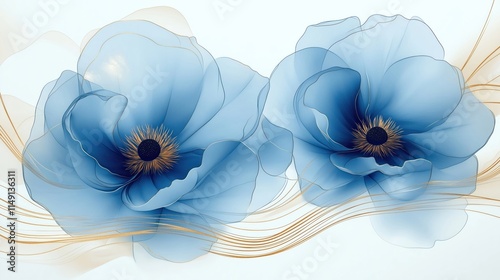 Elegant abstract blue flowers with golden lines on white background. Luxury watercolor illustration. Intricate floral pattern. Soft blue shades. Perfect for wall art interior design. Delicate,