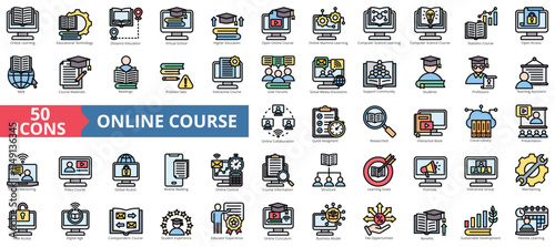 Online course icon collection set. Containing online, course, learning, education, machine learning, presentation, class icon. Simple flat outline vector illustration