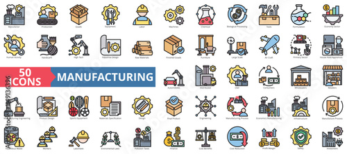 Manufacturing icon collection set. Containing manufacture, production, goods, product, management, business, infrastructure icon. Simple flat outline vector illustration