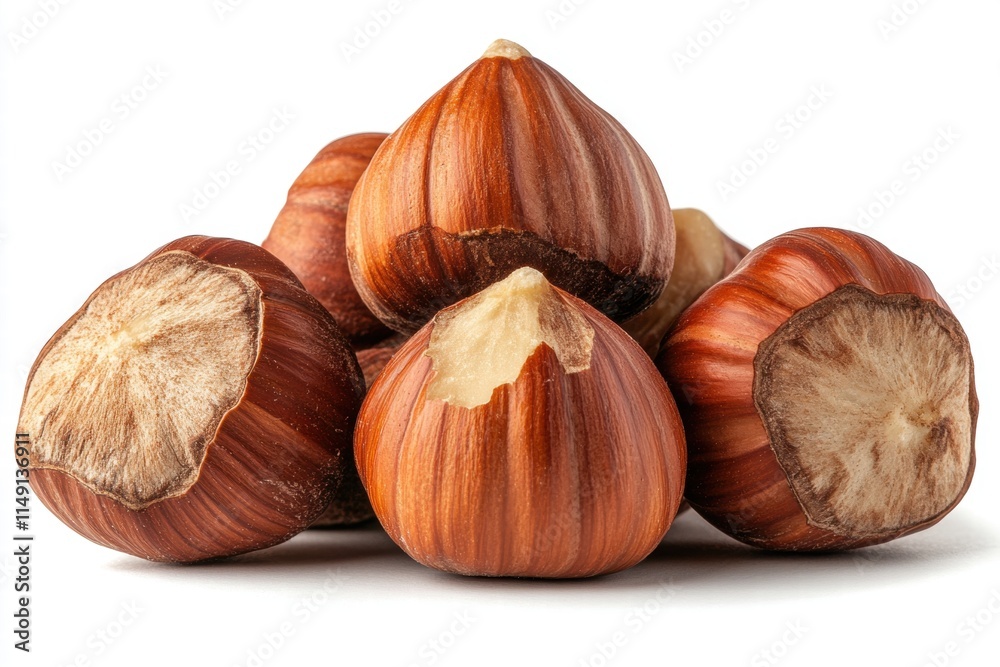 Fresh and Natural Hazelnuts Piled Together on a White Background for Culinary, Nutritional, and Health-Related Uses in Stock Photography and Food Industry Fresh and Natural Hazelnuts Piled Together on a White Background for Culinary, Nutritional, and Health-Related Uses in Stock Photography and Food Industry