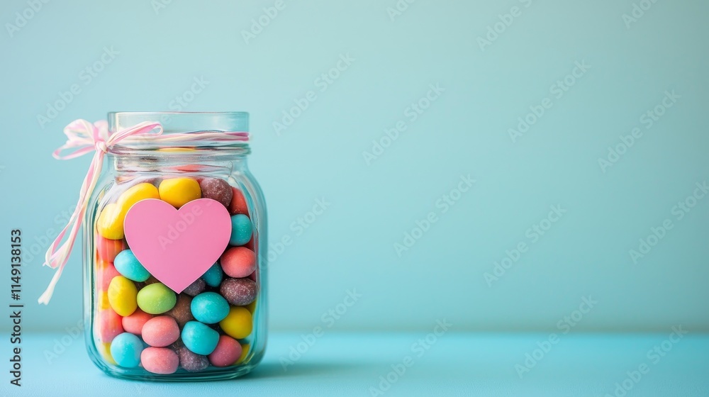 Colorful Candies in a Jar with a Heart-Shaped Label on a Light Blue Background