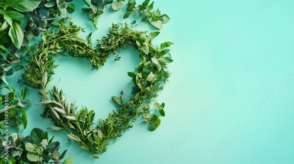 Fresh Herbs and Vegetables Shaped into a Love Heart on a Turquoise Background Fresh Herbs and Vegetables Shaped into a Love Heart on a Turquoise Background