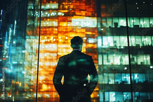 Businessman Contemplating Cityscape at Night. Concept of Vision, Leadership, and Urban Development.