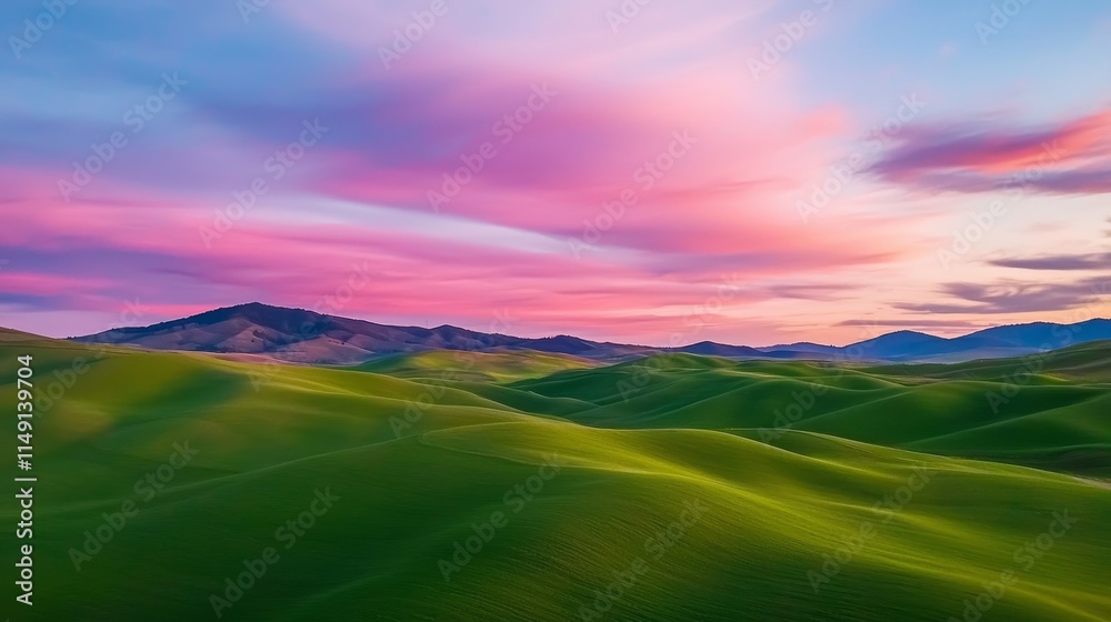 Obraz premium A serene landscape of rolling green hills under a vibrant sunset sky filled with pink and purple hues, showcasing nature's beauty.