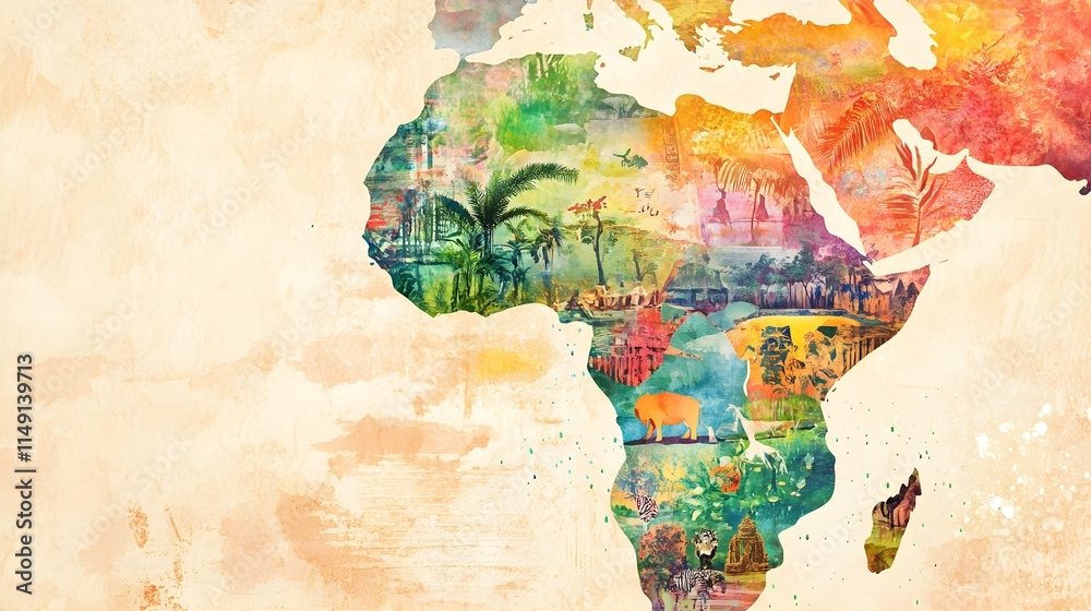 Naklejka premium Artistic Watercolor Depiction of Africa's Map Featuring Vibrant Colors, Rich Culture, Landscapes, Wildlife, and Historical Elements for Enhanced Visual Appeal