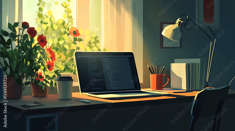 Fototapeta premium A remote work desk setup with a laptop, headphones, and a cup of coffee, surrounded by a minimalist home decor style 