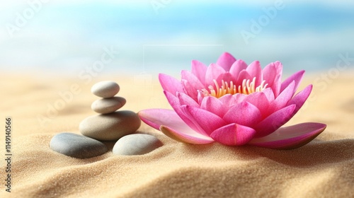 Pink lotus flower and stacked stones on sandy beach.
