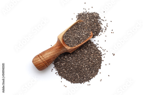 A wooden scoop filled with organic Chia Seeds (salvia hispanica), placed beside a heap of Chia Seeds, isolated on a white background. photo