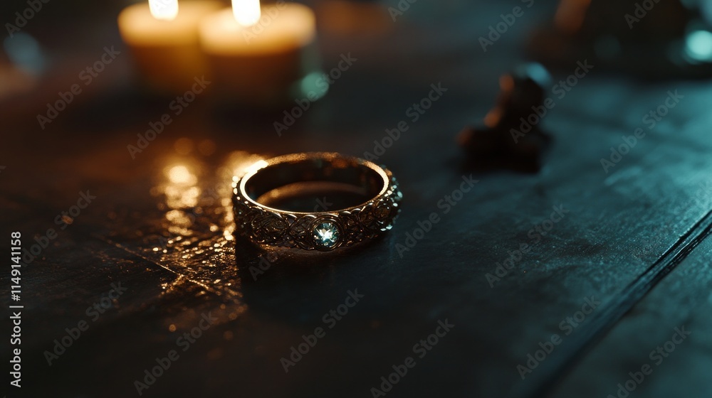 Ornate gold ring on wooden table with candlelight reflection Ornate gold ring on wooden table with candlelight reflection