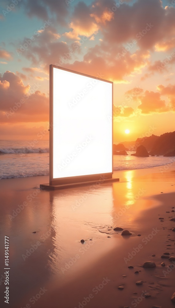 Fototapeta premium Vertical blank banner on a beach at sunset with ocean view.Event promotion, banner design, sunset beach, ocean view, marketing materials, outdoor advertisement, branding, summer event, social gatherin