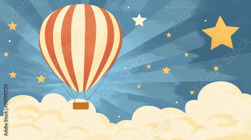 A whimsical illustration of a hot air balloon floating among clouds and stars.