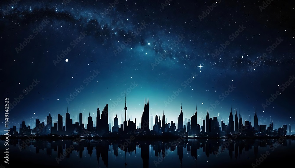 Naklejka premium Cityscape Silhouette Reflected in Water Under Starry Night