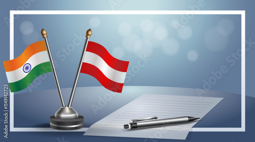 India and Austria National flags on small table with bokeh background, cooperative relationship