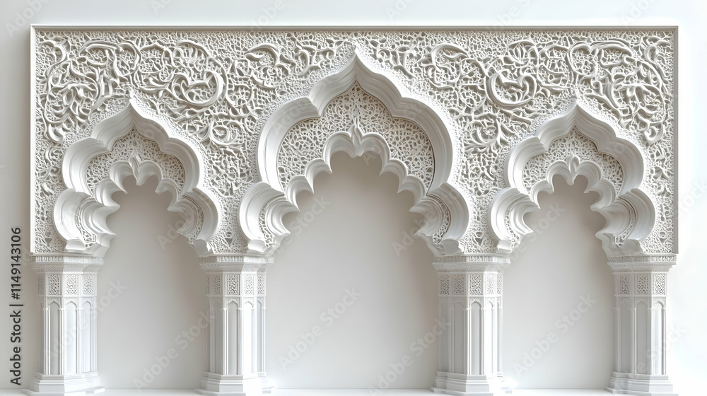 Fototapeta premium Intricate white architectural design featuring three ornate arches.