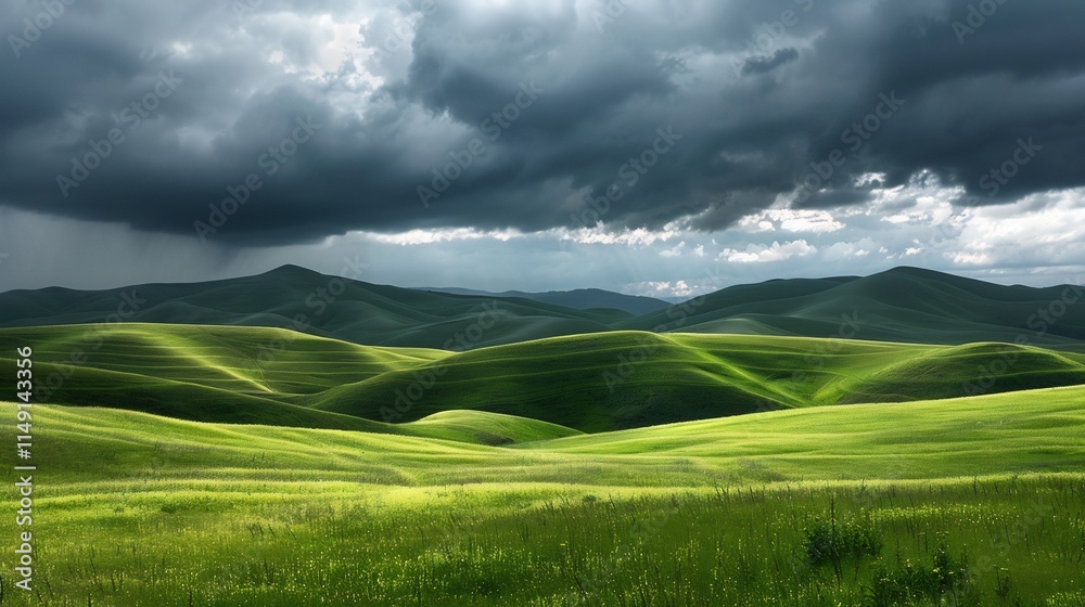 Fototapeta premium Dramatic Landscape: Rolling Green Hills Under a Stormy Sky