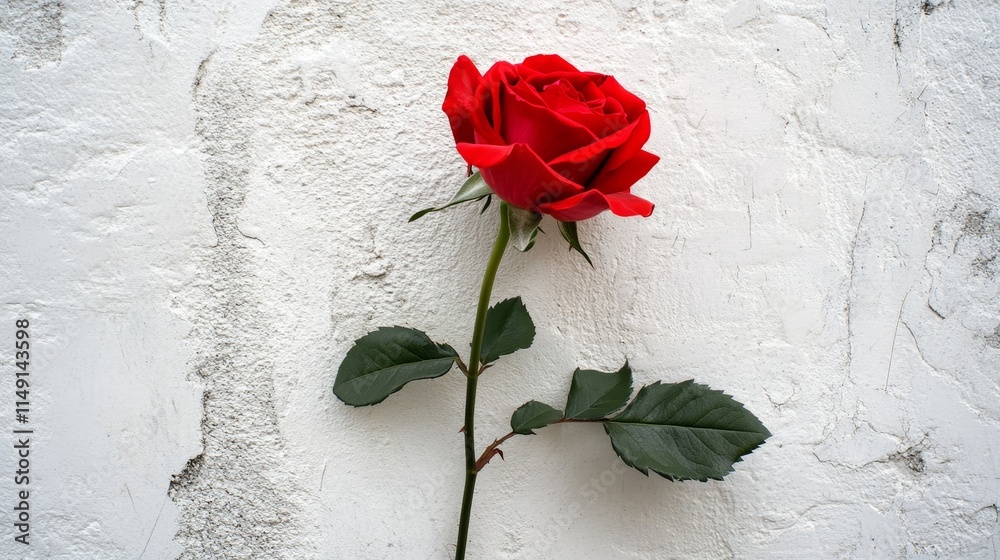 A single red rose with green leaves against a textured white background. A single red rose with green leaves against a textured white background.