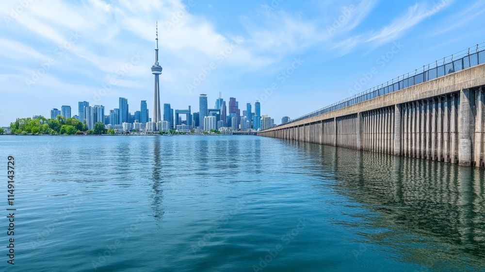 Naklejka premium Modern Hydroelectric Dam with City Skyline in Background