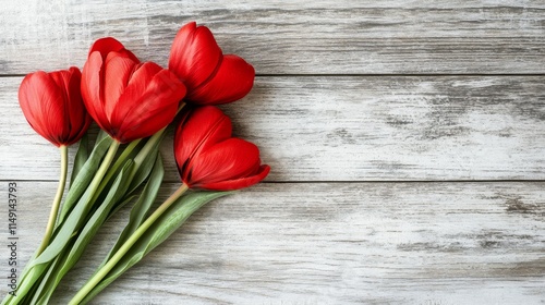A bouquet of red tulips arranged on a rustic wooden surface.
