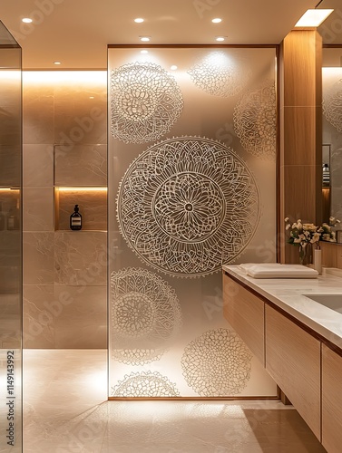Decorative etched glass divider with mandala patterns, placed in a luxury bathroom for a decorative and functional touch.