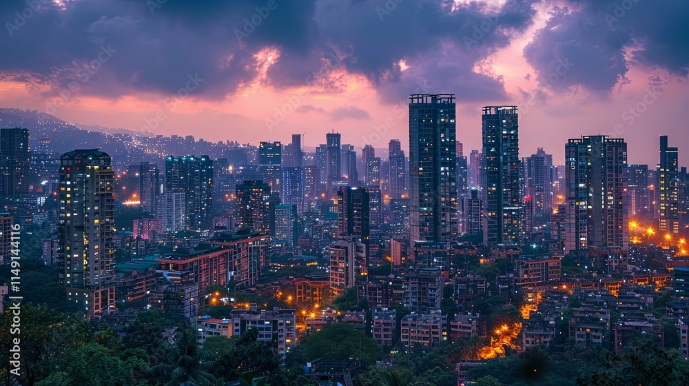 Obraz premium Mumbai Skyline at Dusk: High-Rise Buildings and City Lights Under a Dramatic Sky