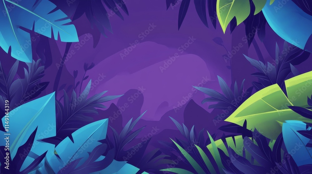 Fototapeta premium A vibrant jungle scene with lush foliage and a purple background, ideal for digital designs.