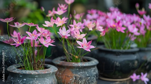 Pink Rain Lilies in Rustic Pots: A Serene Garden Display photo