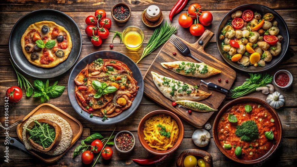 Low Light Italian Feast: Overhead Shot of Pizza, Pasta, Risotto, & More