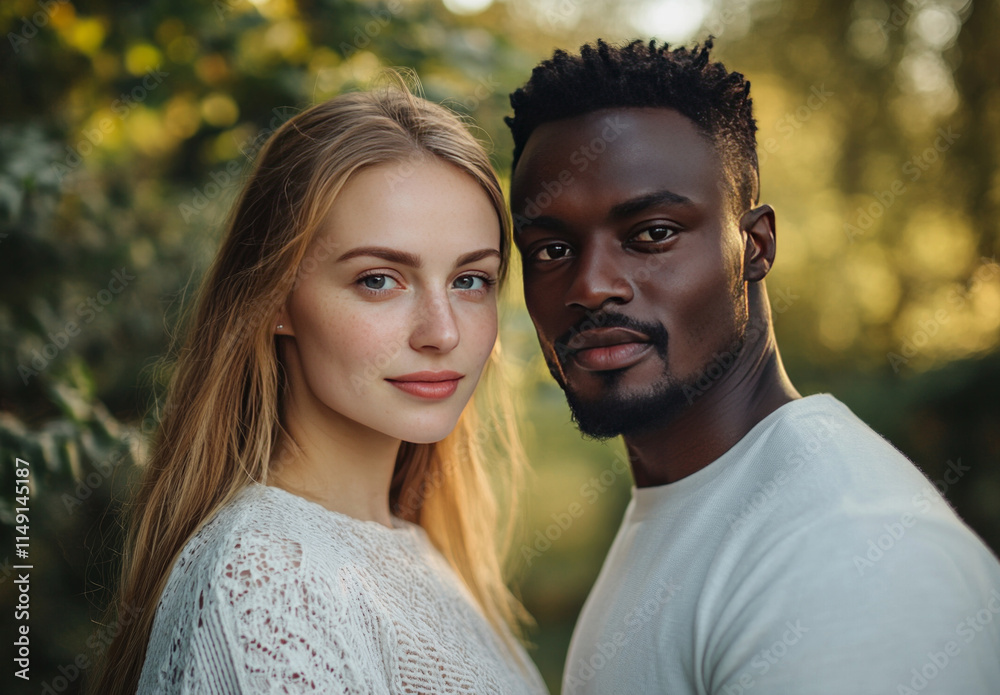 Fototapeta premium Young happy interracial couple posing in a park