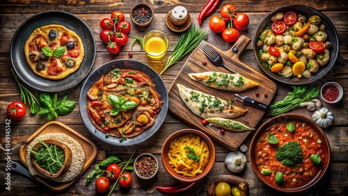 Low Light Italian Feast: Overhead Shot of Pizza, Pasta, Risotto, & More