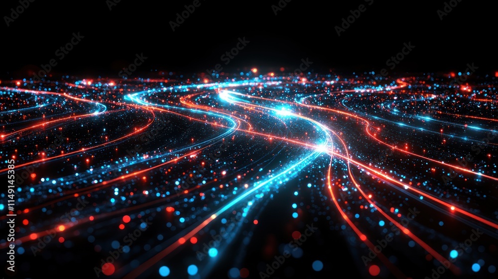 Obraz premium Abstract glowing red and blue light trails forming wavy paths on black background.