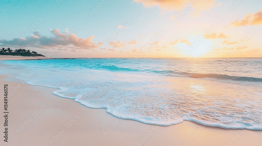Serene sunrise over tranquil ocean beach; soft waves gently lapping sandy shore. Serene sunrise over tranquil ocean beach; soft waves gently lapping sandy shore.
