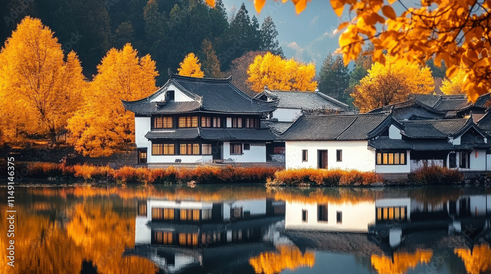 Obraz premium In autumn, the village houses by the river are reflected on the water surface