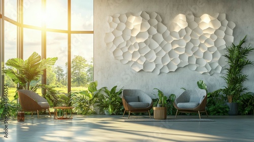Empty white room with abstract design elements, highlighting white walls and a clean, minimalist aesthetic, ideal for 3D rendering of interior layouts and modern spaces.