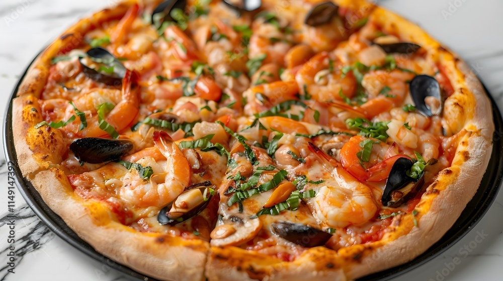 Freshly baked seafood pizza with assorted toppings, displayed elegantly on a marble table. Freshly baked seafood pizza with assorted toppings, displayed elegantly on a marble table.