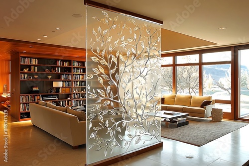 Etched glass room divider with leaf and vine designs, separating a living room and library in a contemporary space.