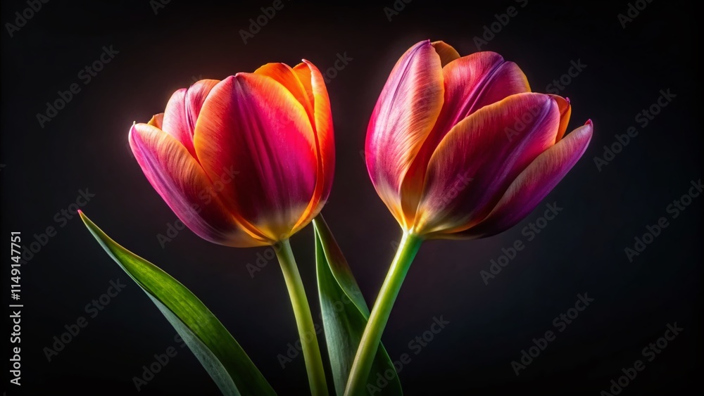 Fototapeta premium Low Light Photography: Two Isolated Tulips on White Background
