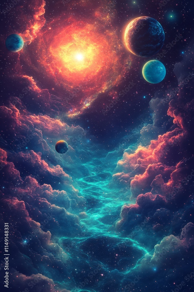 Obraz premium A space-themed poster with swirling cosmic dust, planets, and asteroids in neon shades of green, blue, and pink. The text floats across the scene with futuristic fonts and glowing effects.