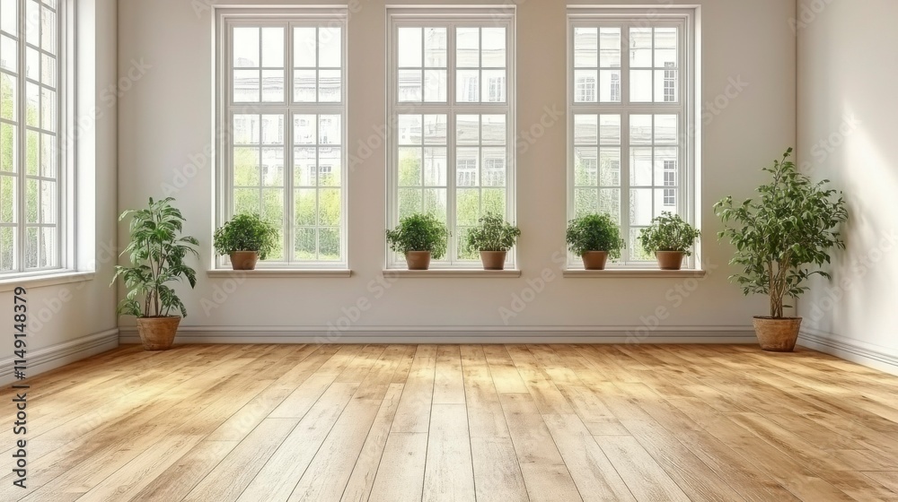 Fototapeta premium Abstract minimalist room with bare walls and an empty space, offering an ideal setting for interior design, virtual staging, or architectural concept visualizations.