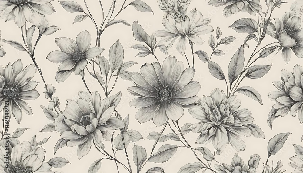 Obraz premium Monochrome Floral Pattern Featuring Delicate Flowers and Leaves