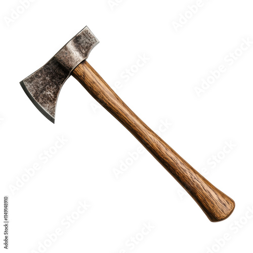 Rustic wooden-handled axe with a weathered blade photo