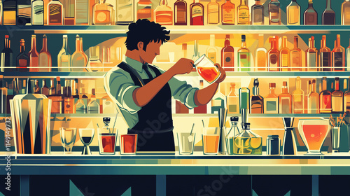 An illustration of bar tender inside a bar, mixing drinks