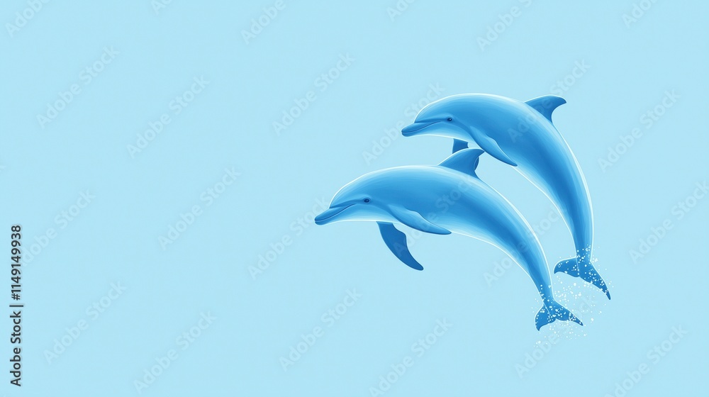 Fototapeta premium Playful Dolphins Leaping Out of Crystal Clear Ocean Water Against Blue Sky Background in Minimalistic Style for Nature and Wildlife Photography Enthusiasts