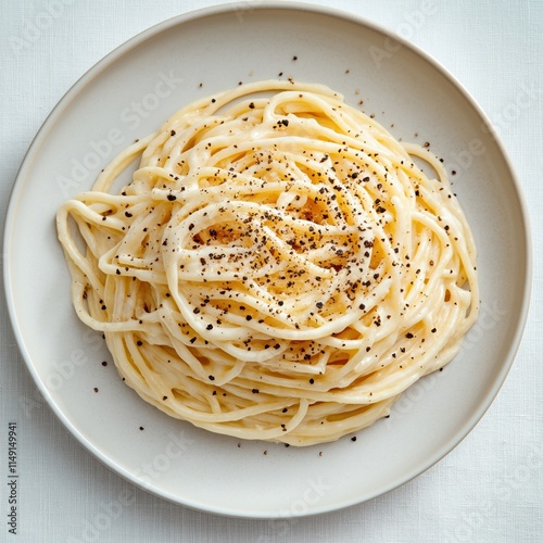 Creamy Italian cacio e pepe pasta dish served on plate. Noodles covered in flavorful cheese sauce, sprinkled with freshly ground black pepper. Dish looks simple yet elegant. Classic Italian cooking photo