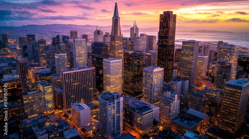 Aerial view of san francisco skyline at sunset with vibrant colors