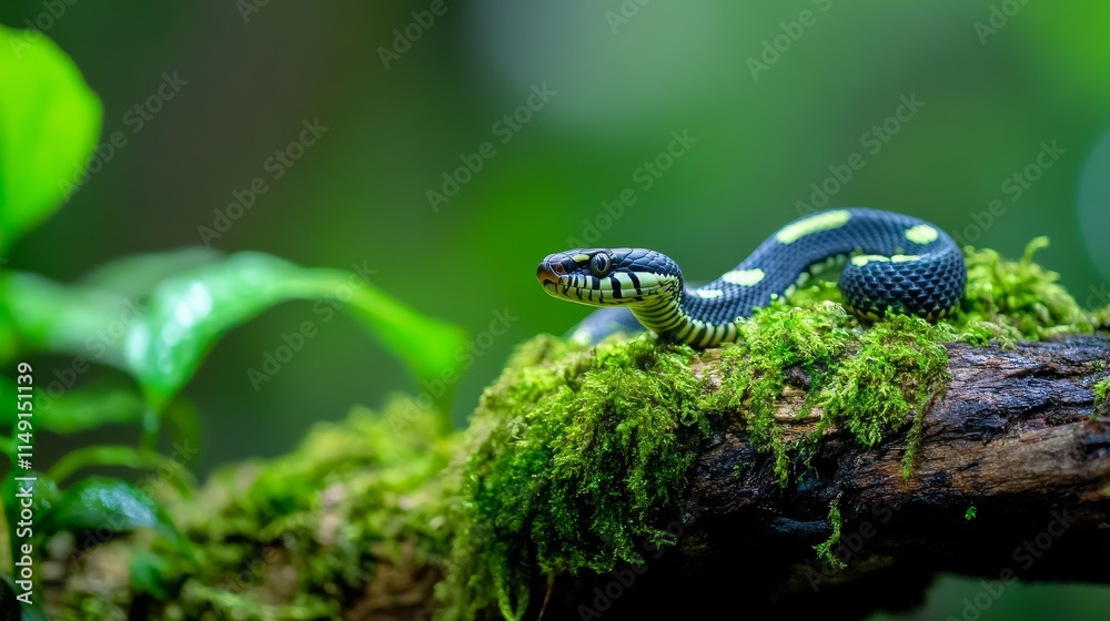 Obraz premium Green and black snake on mossy branch in lush jungle environment