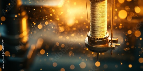 Close-up of spool of thread with golden bokeh background